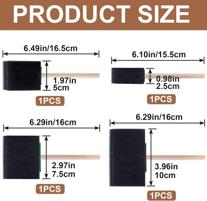 YAOJOE 4 pcs Foam Paint Brushes, 1"/2"/3"/4" Reusable Wood Handle Sponge Brushes for Staining, Flexible Craft Foam Brushes for DIY Painting, Varnishes, Cleaning - Black - Image 2